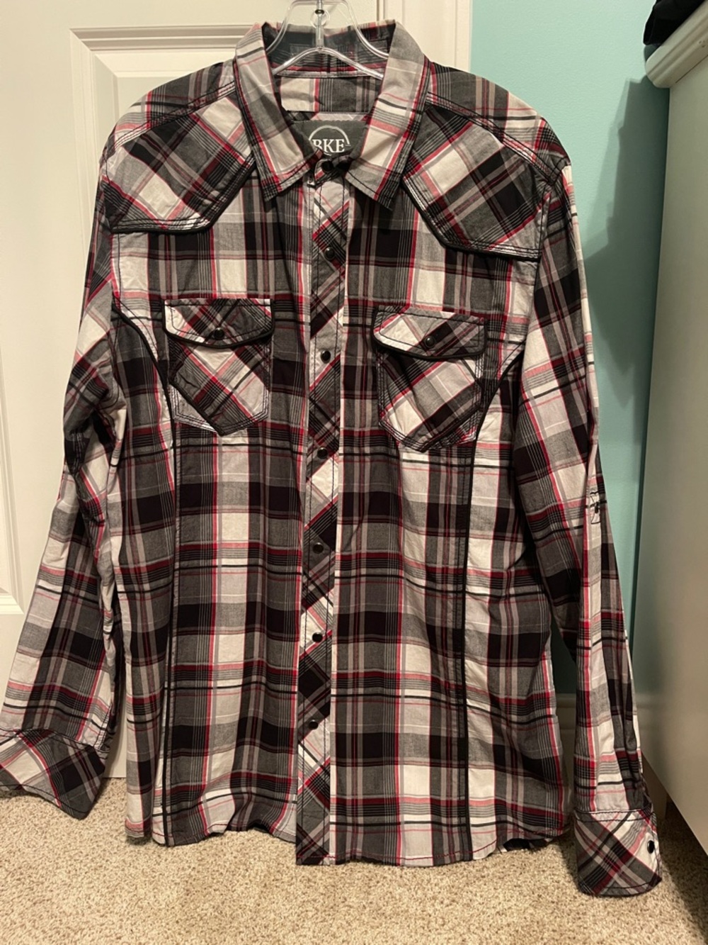 BKE Black, White & Red Plaid Western Slim Fit Shirt